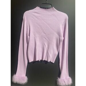 Sweet Rain Women's Pink Ribbed Long Faux Fur Sleeve High Neck Cropped Sweater XL